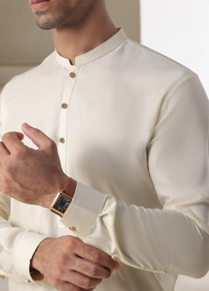 Bazm E Riwayat by Bin Musab Men Kurta Pajama Blended 2 Piece Butterscotch Cream - Festive Collection