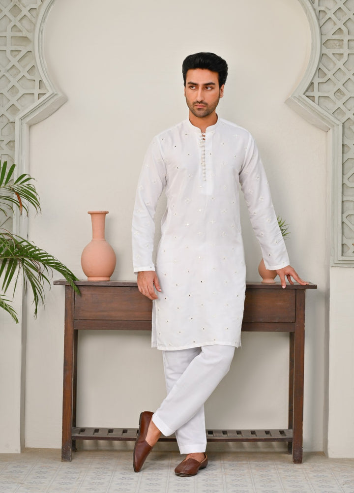 HK Fashion Mens RTW Embroidered 2 Piece Suit Off white mirror kurta trouser - Wedding Collection