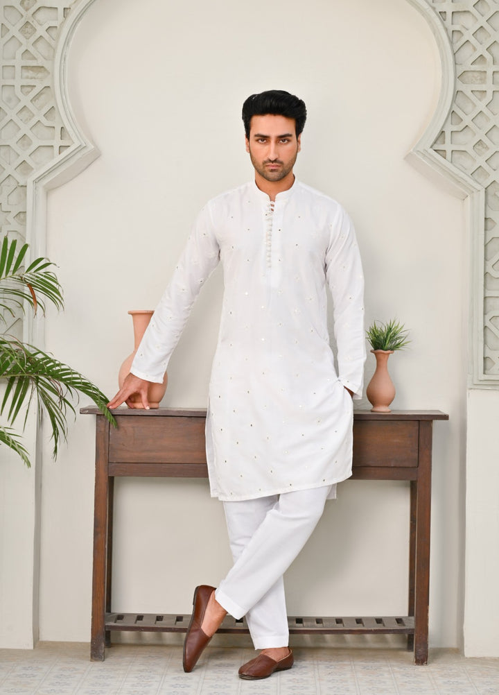HK Fashion Mens RTW Embroidered 2 Piece Suit Off white mirror kurta trouser - Wedding Collection