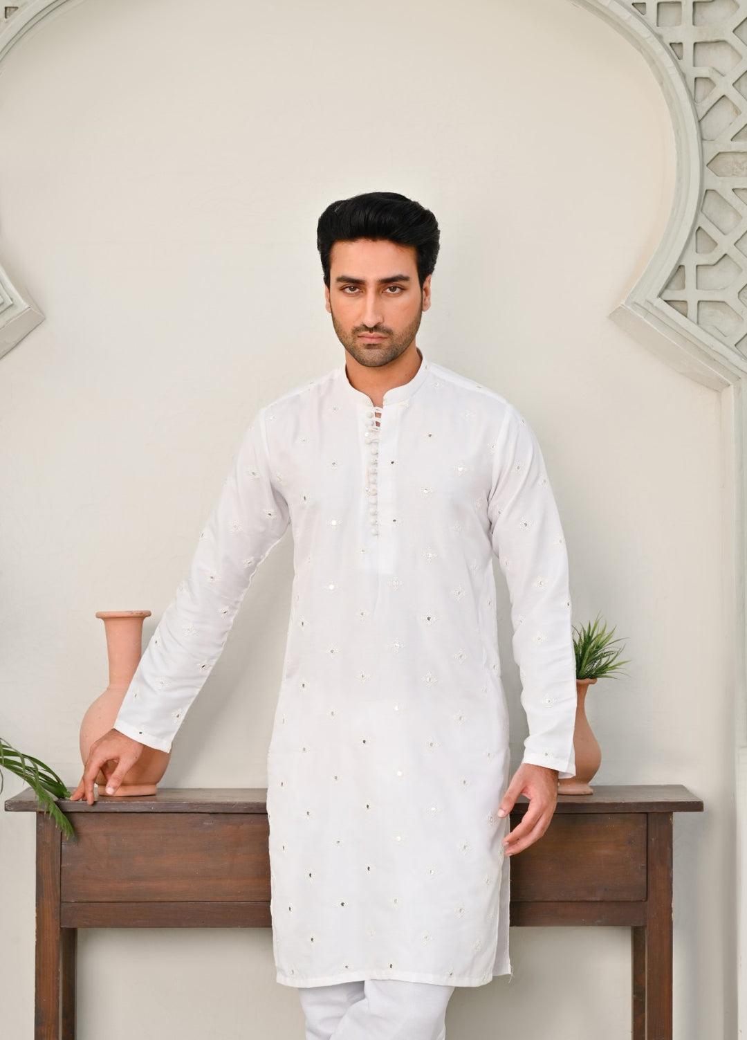 HK Fashion Mens RTW Embroidered 2 Piece Suit Off white mirror kurta trouser - Wedding Collection