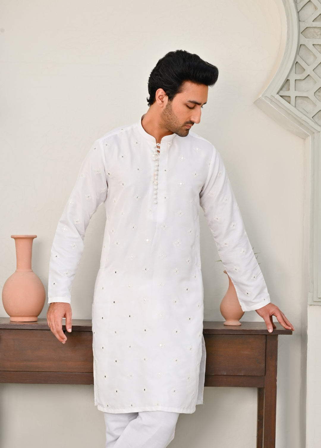 HK Fashion Mens RTW Embroidered 2 Piece Suit Off white mirror kurta trouser - Wedding Collection