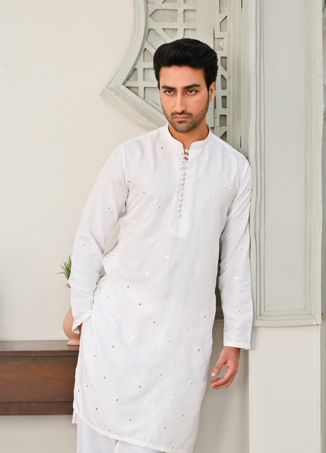 HK Fashion Mens RTW Embroidered 2 Piece Suit Off white mirror kurta trouser - Wedding Collection