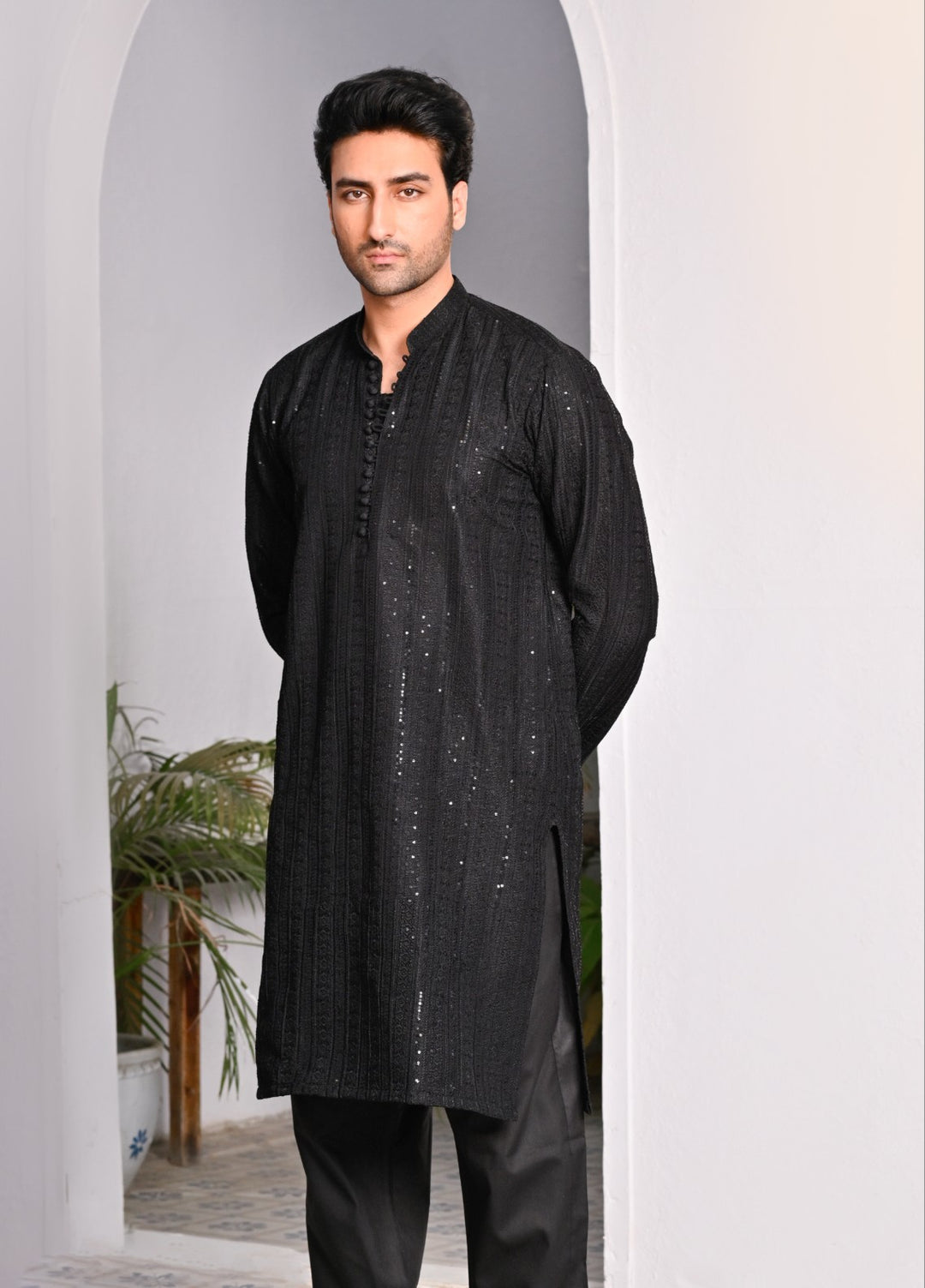 HK Fashion Mens RTW Embroidered 2 Piece Suit Black Sequin Kurta Trouser - Wedding Collection