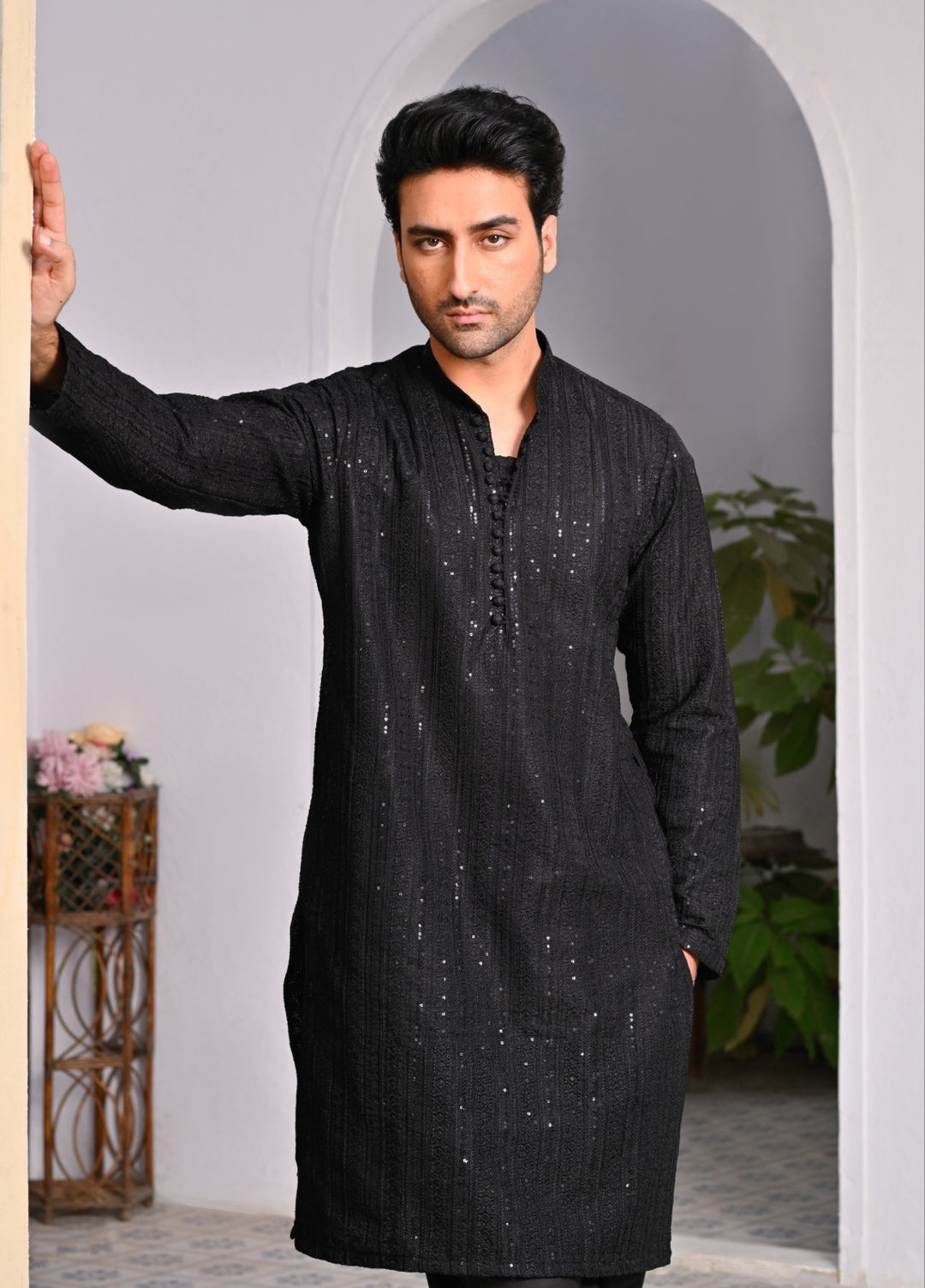 HK Fashion Mens RTW Embroidered 2 Piece Suit Black Sequin Kurta Trouser - Wedding Collection