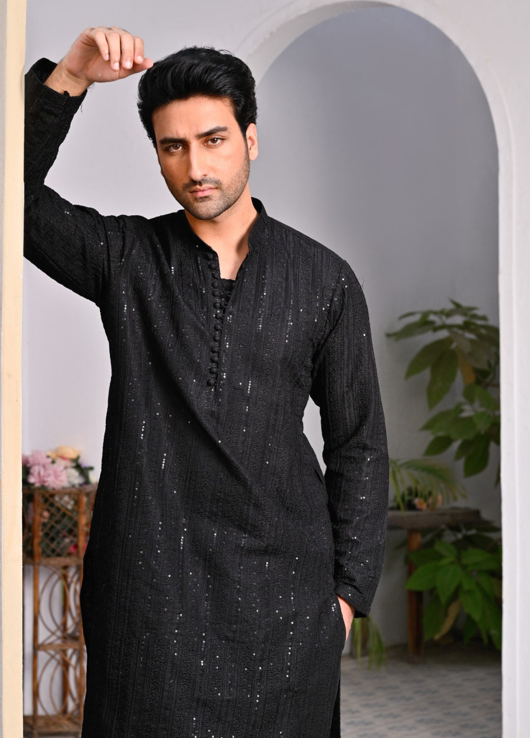 HK Fashion Mens RTW Embroidered 2 Piece Suit Black Sequin Kurta Trouser - Wedding Collection