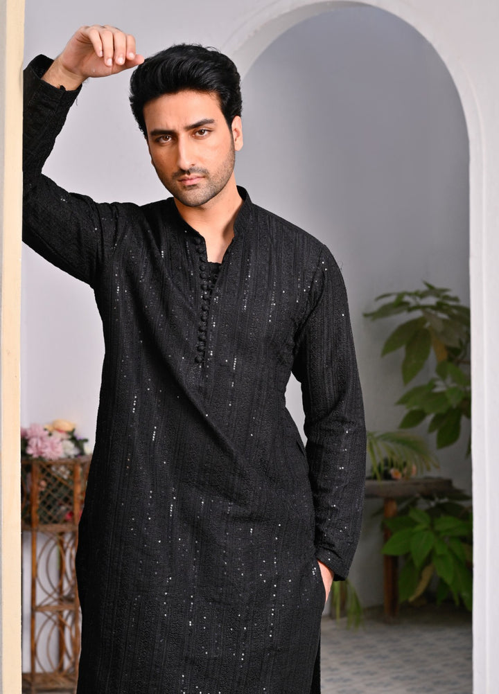 HK Fashion Mens RTW Embroidered 2 Piece Suit Black Sequin Kurta Trouser - Wedding Collection