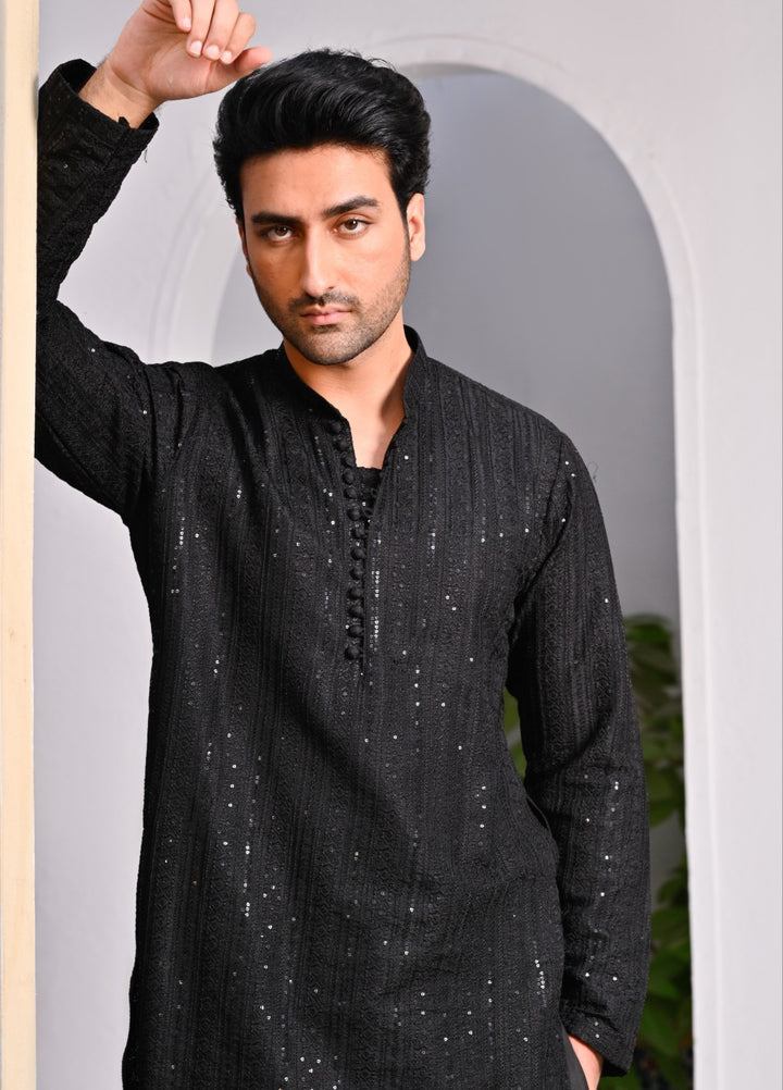 HK Fashion Mens RTW Embroidered 2 Piece Suit Black Sequin Kurta Trouser - Wedding Collection