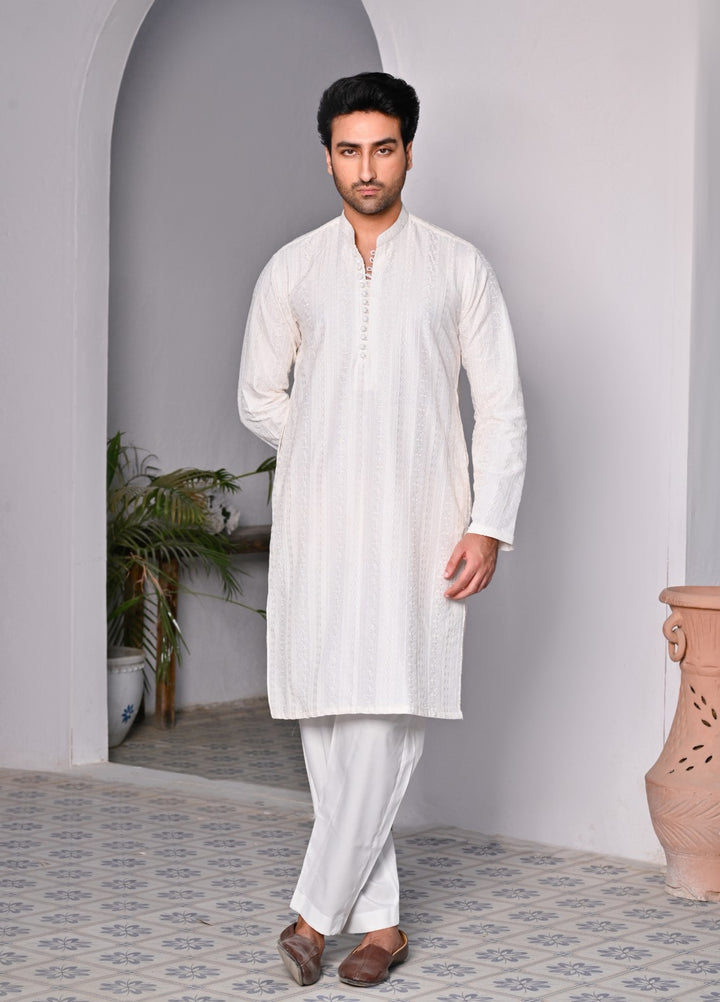 HK Fashion Mens RTW Embroidered 2 Piece Suit Off White Kurta Trouser - Wedding Collection