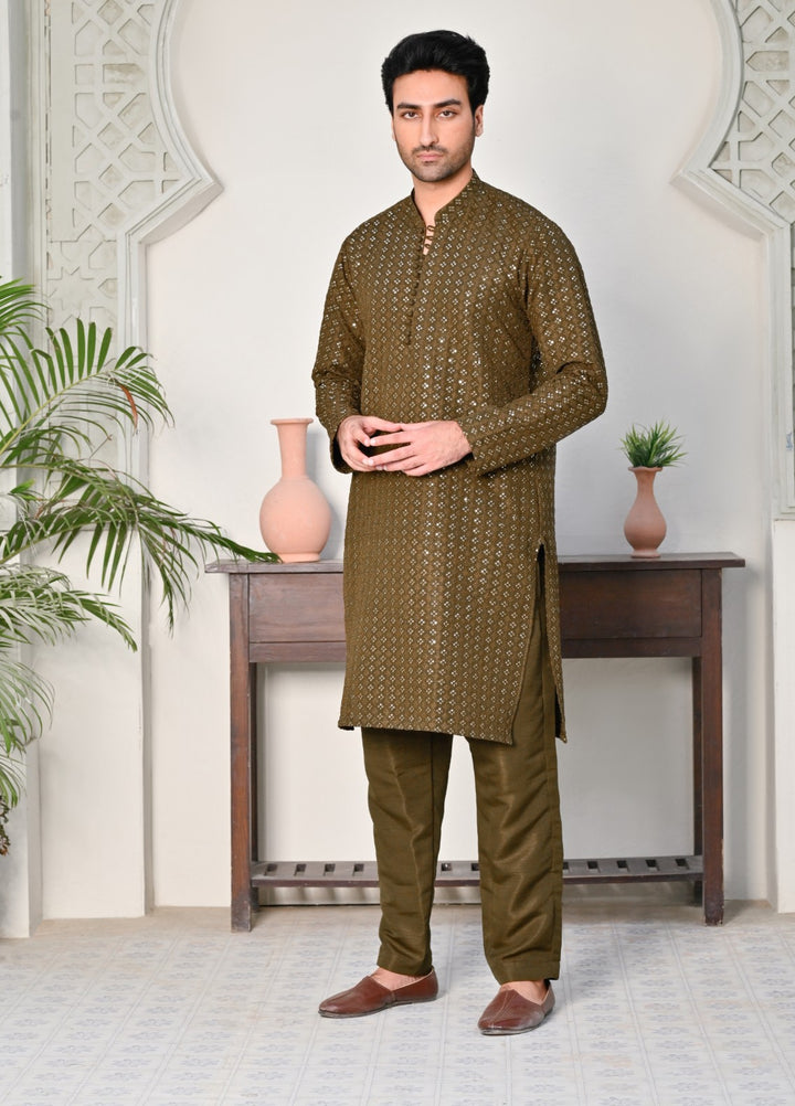 HK Fashion Mens RTW Embroidered 2 Piece Suit Mehndi Green Kurta Trouser - Wedding Collection