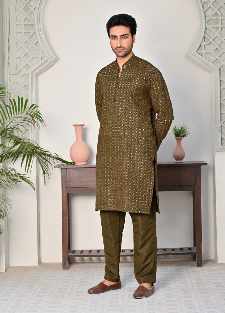 HK Fashion Mens RTW Embroidered 2 Piece Suit Mehndi Green Kurta Trouser - Wedding Collection
