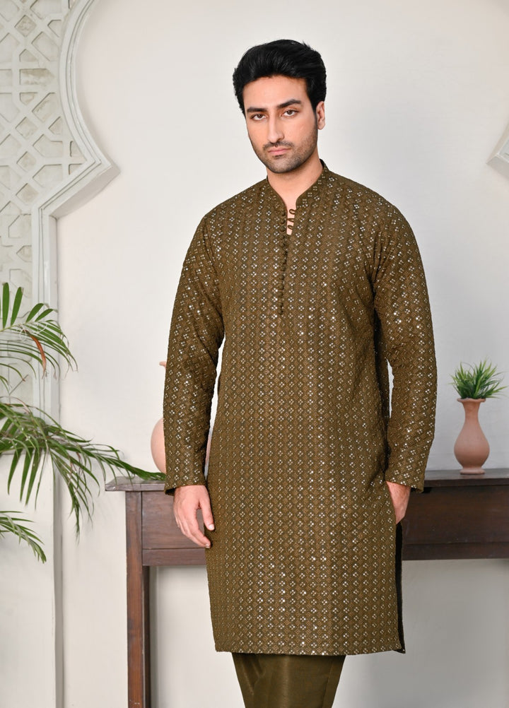 HK Fashion Mens RTW Embroidered 2 Piece Suit Mehndi Green Kurta Trouser - Wedding Collection