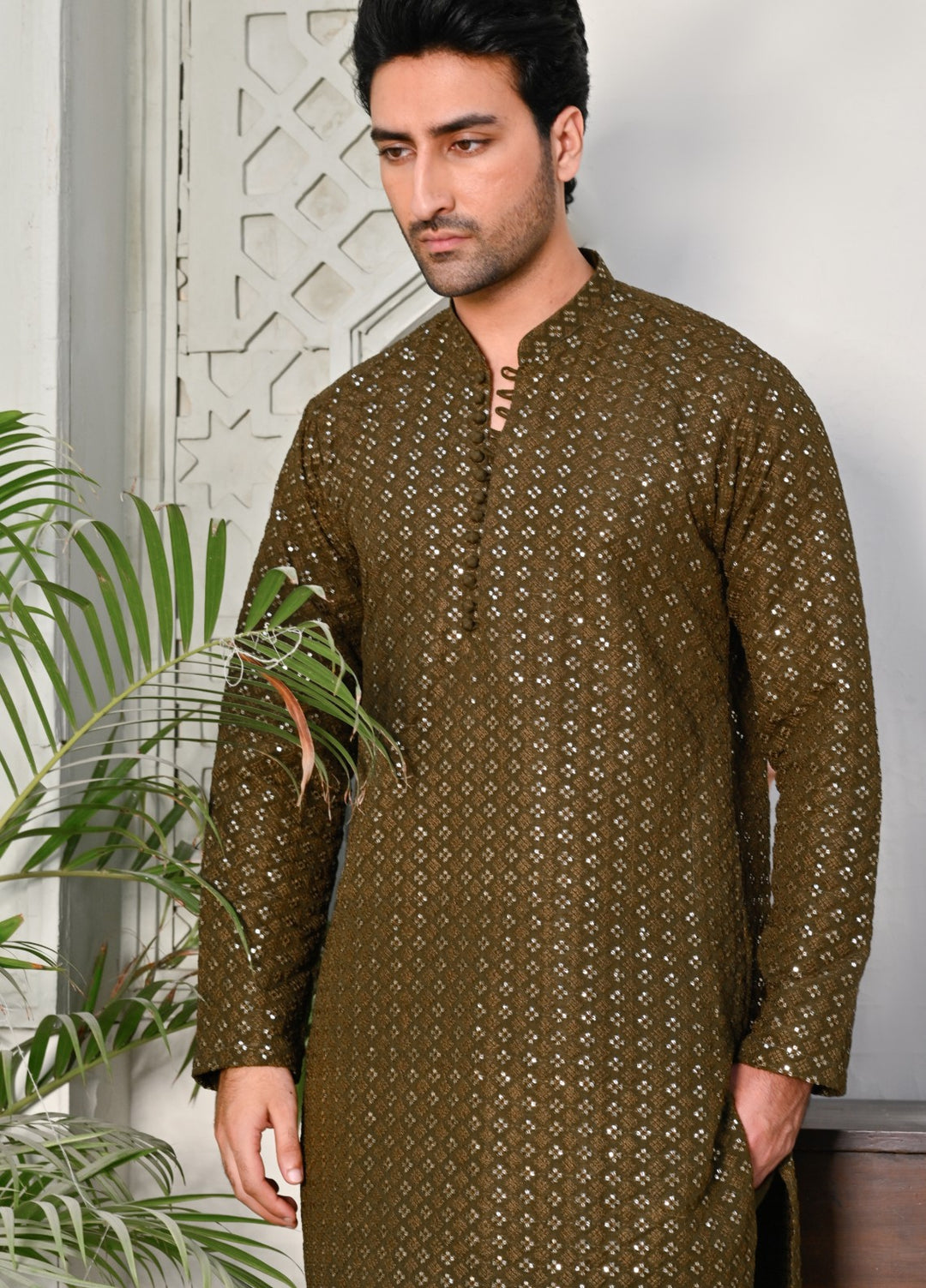 HK Fashion Mens RTW Embroidered 2 Piece Suit Mehndi Green Kurta Trouser - Wedding Collection