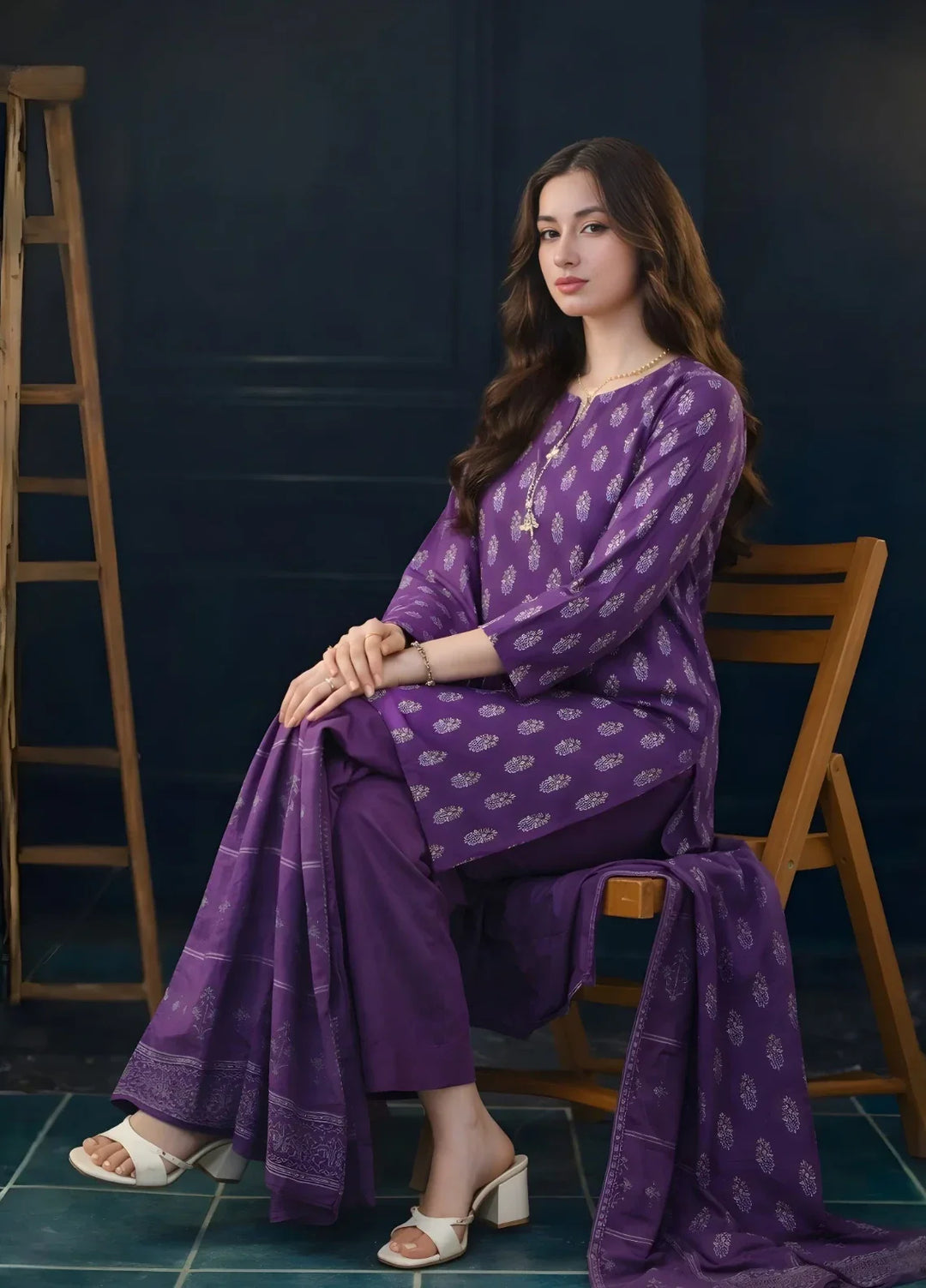 Ayla Studio RTW Printed Premium Lawn Jacquard 3 Piece Zafaran Baft - Eid Collection