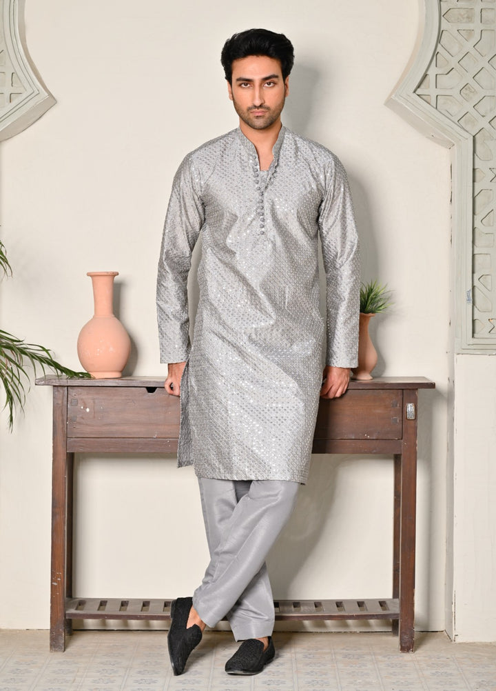 HK Fashion Mens RTW Embroidered 2 Piece Suit Grey Sequin Kurta Trouser - Wedding Collection
