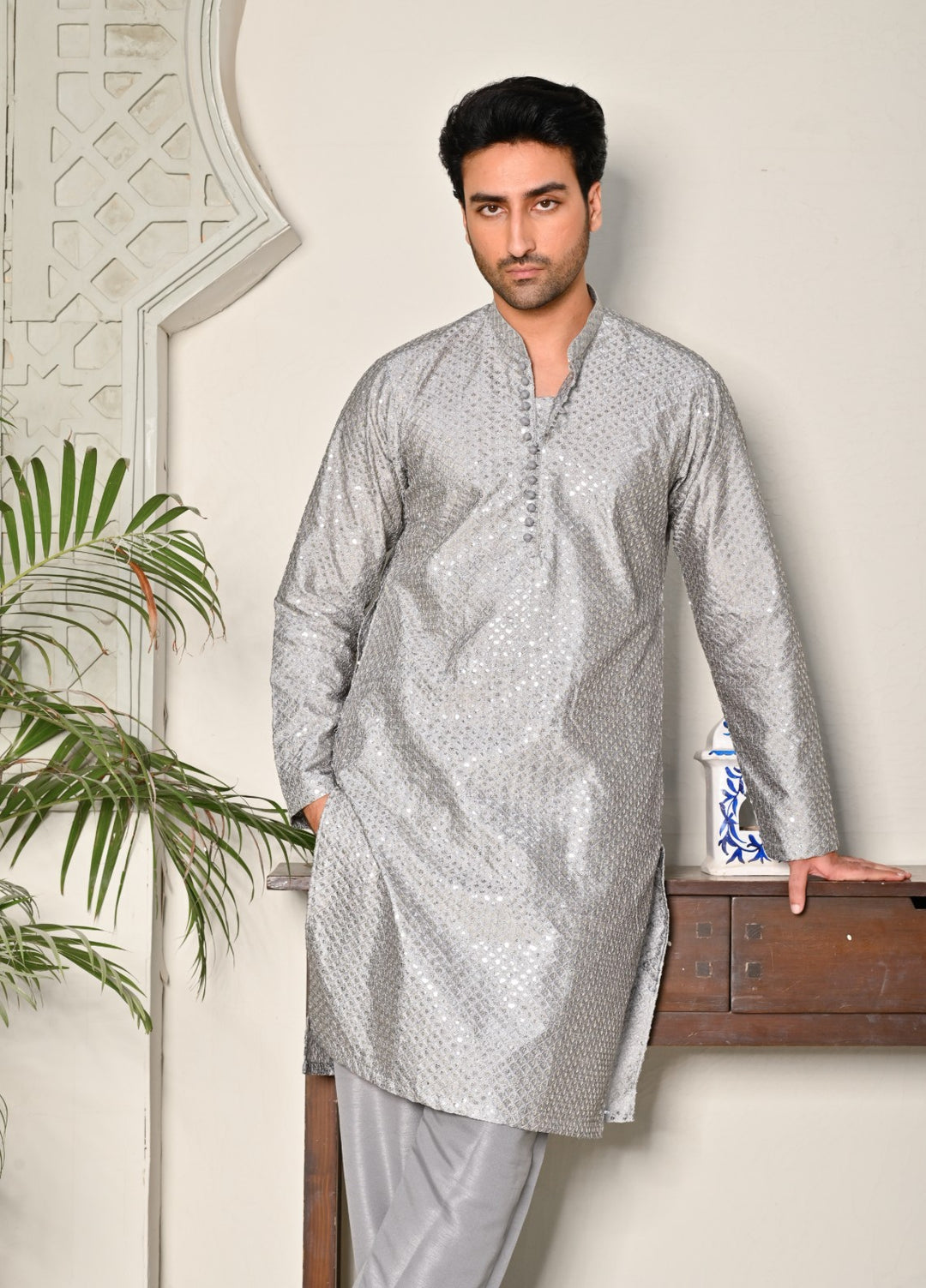HK Fashion Mens RTW Embroidered 2 Piece Suit Grey Sequin Kurta Trouser - Wedding Collection