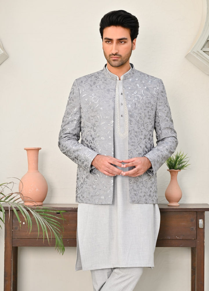 HK Fashion Mens RTW Embroidered 1 Piece Suit Grey Sequin Prince coat - Wedding Collection