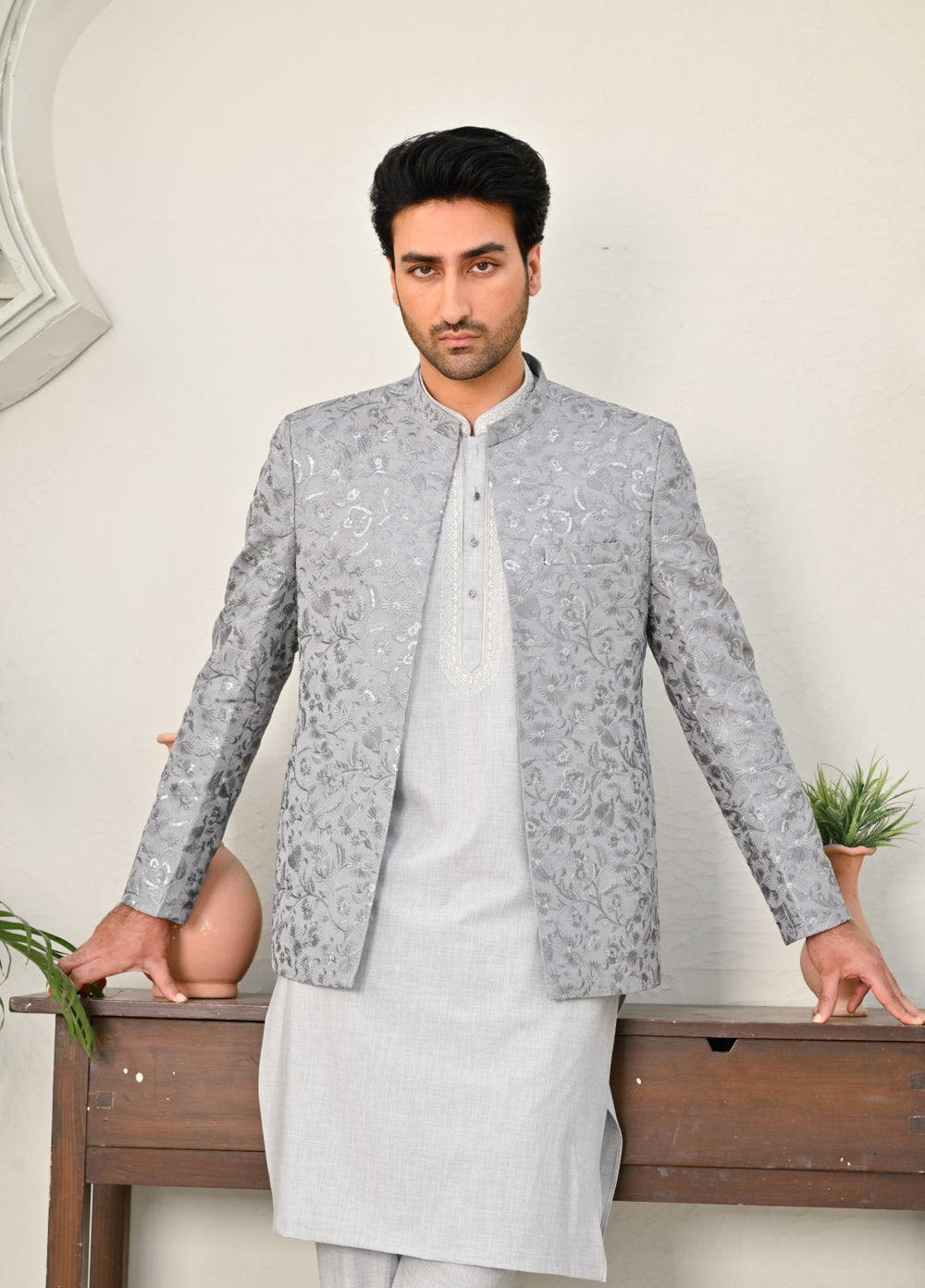 HK Fashion Mens RTW Embroidered 1 Piece Suit Grey Sequin Prince coat - Wedding Collection