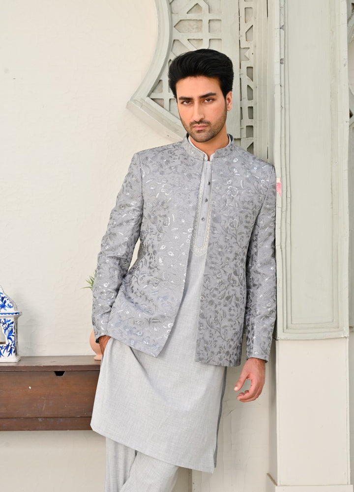 HK Fashion Mens RTW Embroidered 1 Piece Suit Grey Sequin Prince coat - Wedding Collection