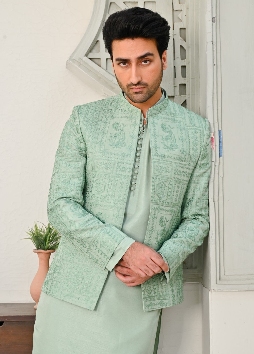 HK Fashion Mens RTW Embroidered 1 Piece Suit Mint Green Floral Prince coat - Wedding Collection