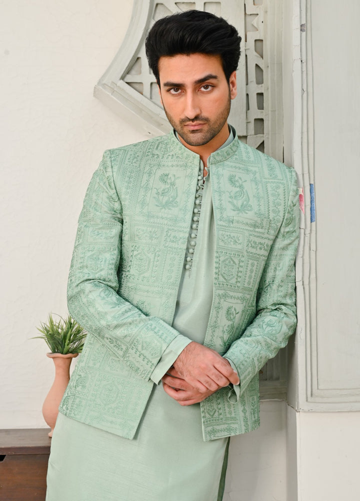 HK Fashion Mens RTW Embroidered 1 Piece Suit Mint Green Floral Prince coat - Wedding Collection