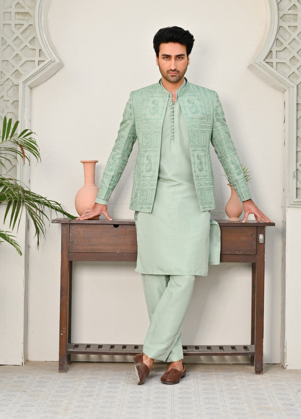 HK Fashion Mens RTW Embroidered 1 Piece Suit Mint Green Floral Prince coat - Wedding Collection