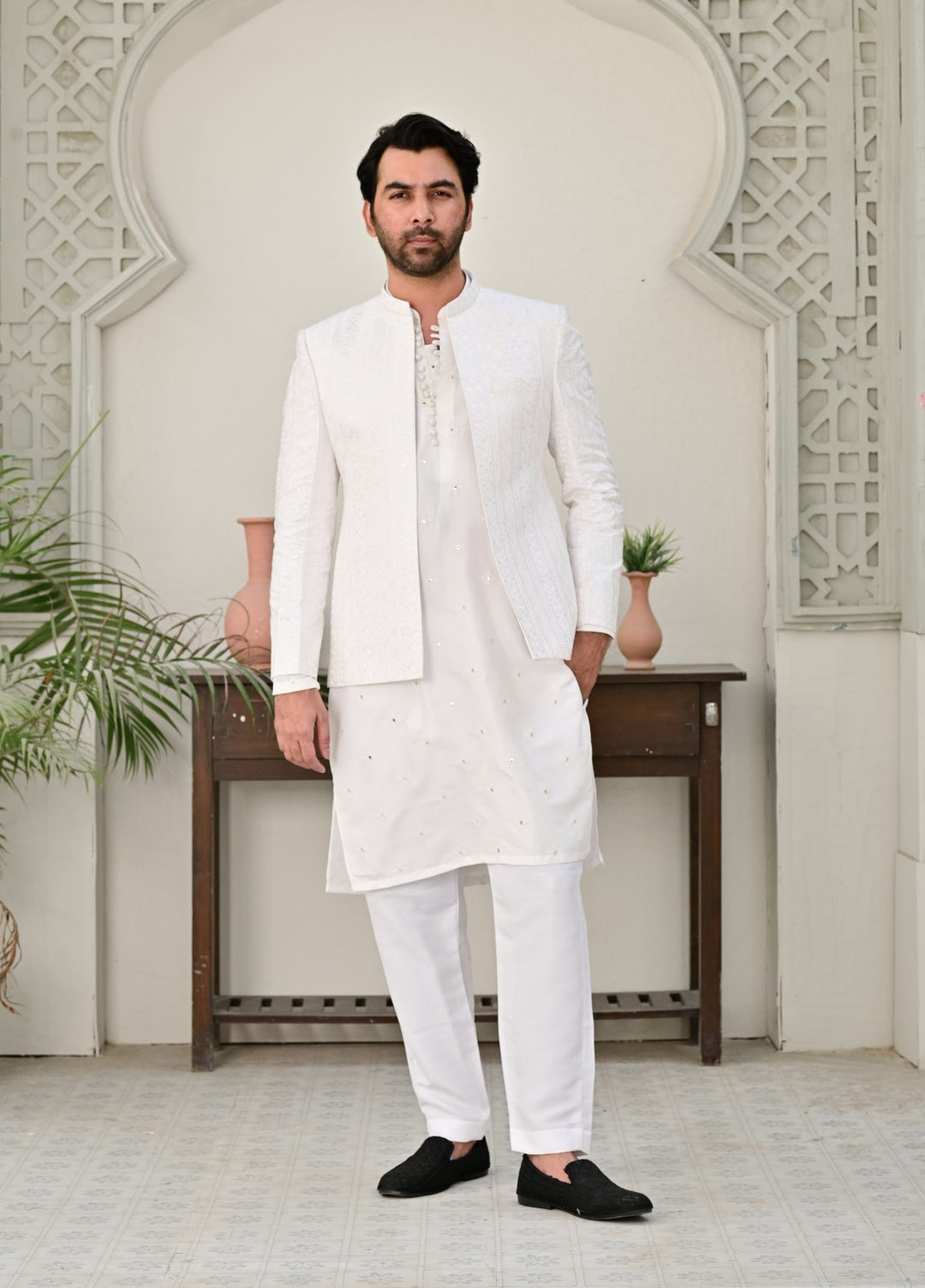 HK Fashion Mens RTW Embroidered 1 Piece Suit Off White Prince coat - Wedding Collection