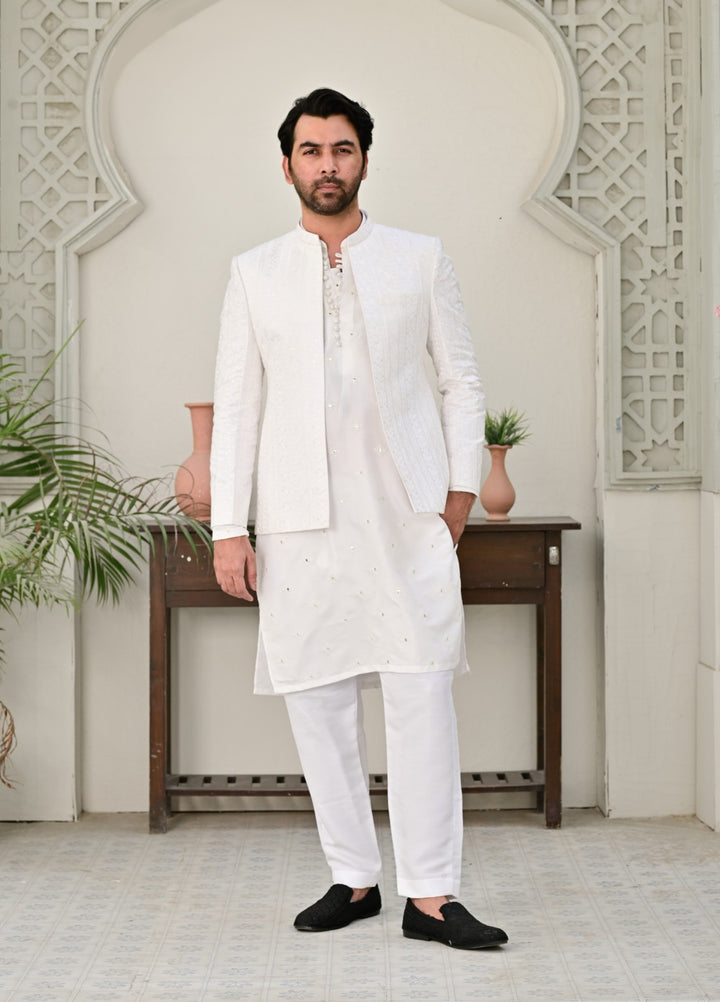 HK Fashion Mens RTW Embroidered 1 Piece Suit Off White Prince coat - Wedding Collection