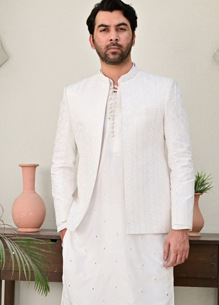 HK Fashion Mens RTW Embroidered 1 Piece Suit Off White Prince coat - Wedding Collection