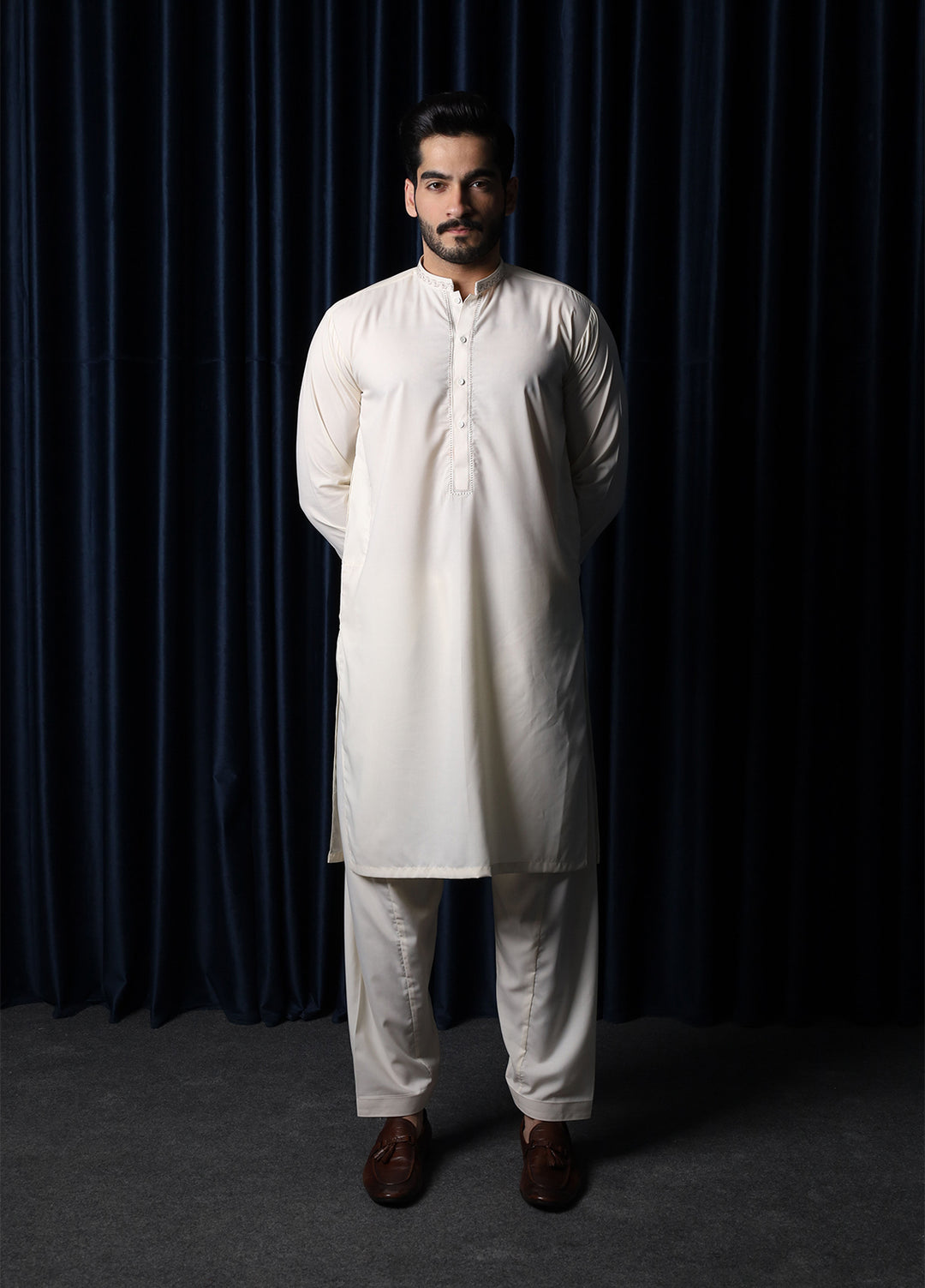 Mazham Mens Collar Neck RTW Embroidered Blended Kameez Shalwar Bosky - Summer Collection