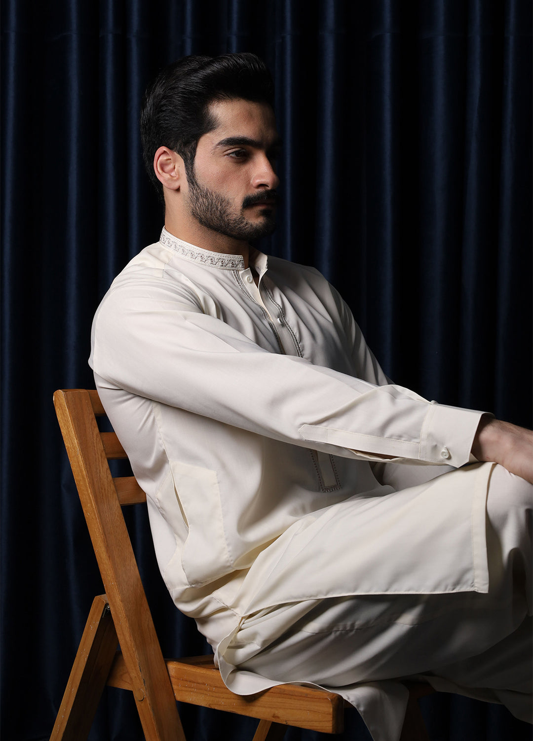 Mazham Mens Collar Neck RTW Embroidered Blended Kameez Shalwar Bosky - Summer Collection