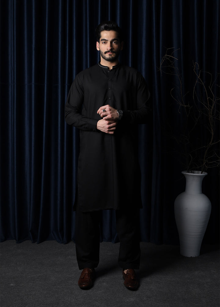 Mazham Mens Collar Neck RTW Embroidered Blended Kameez Shalwar Black - Summer Collection