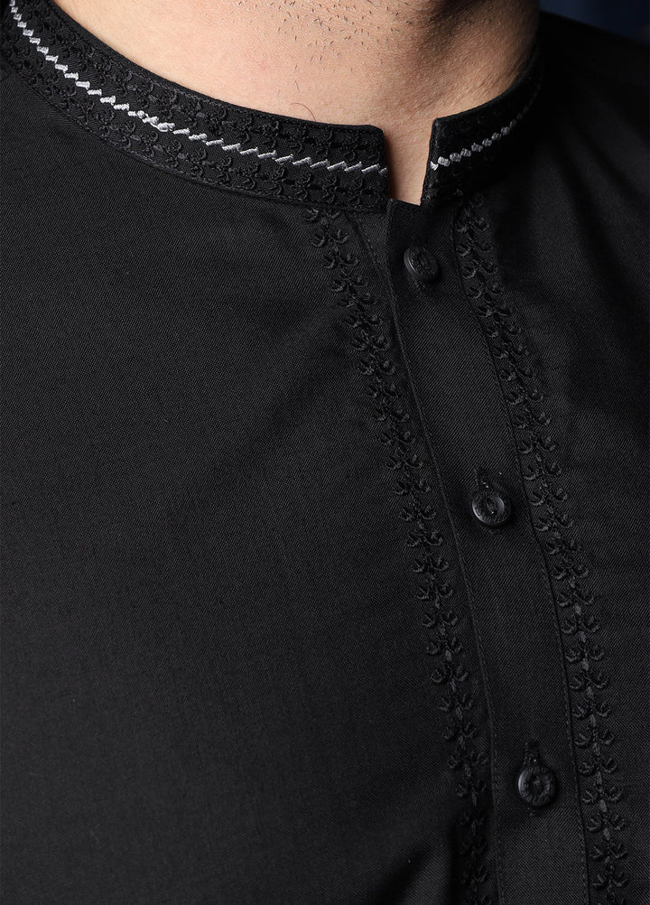 Mazham Mens Collar Neck RTW Embroidered Blended Kameez Shalwar Black - Summer Collection