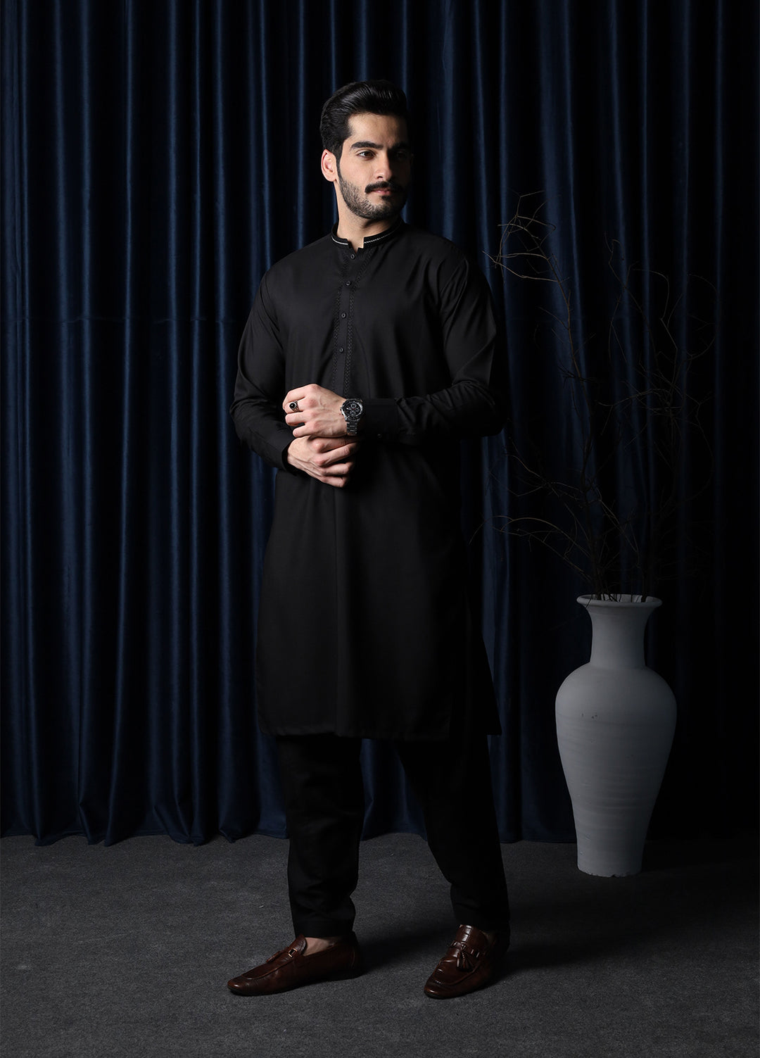 Mazham Mens Collar Neck RTW Embroidered Blended Kameez Shalwar Black - Summer Collection