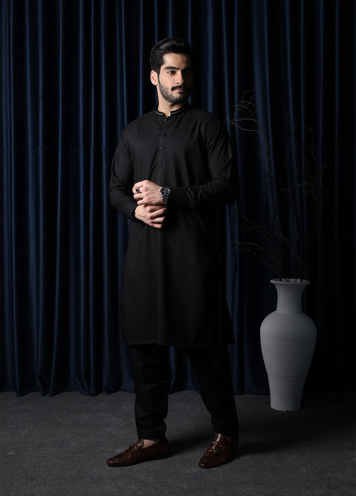 Mazham Mens Collar Neck RTW Embroidered Blended Kameez Shalwar Black - Summer Collection