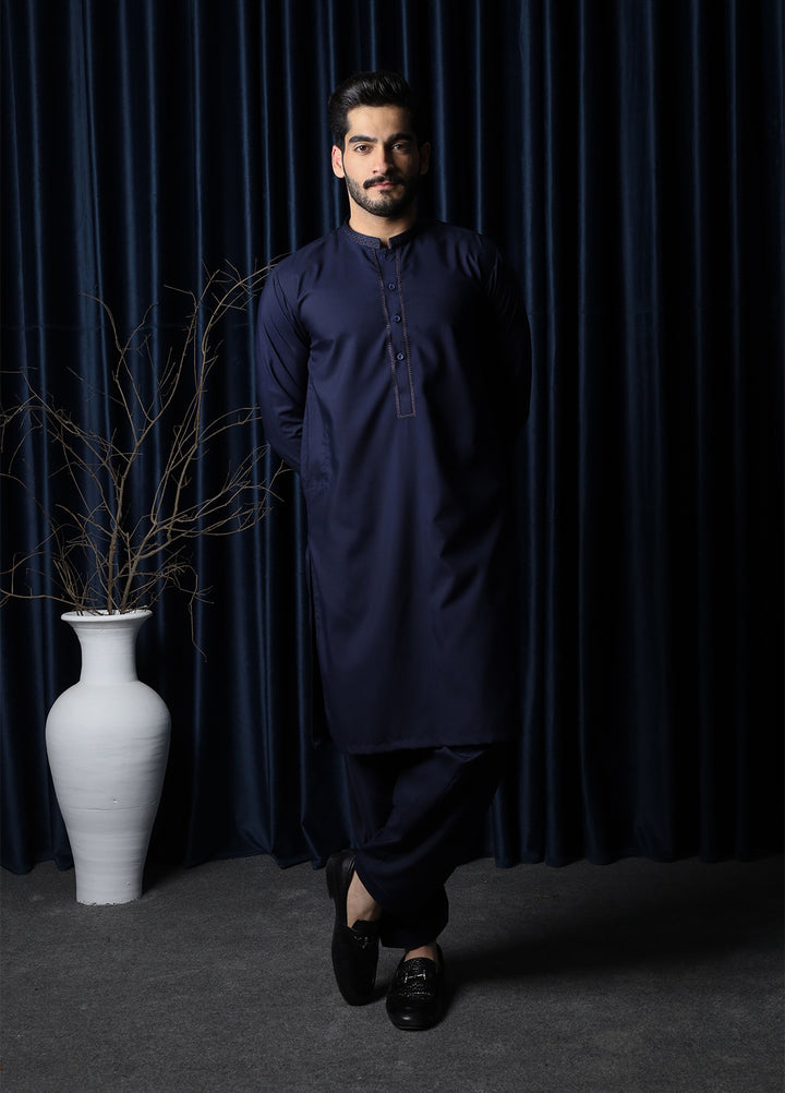 Mazham Mens Collar Neck RTW Embroidered Blended Kameez Shalwar Navy Blue - Summer Collection