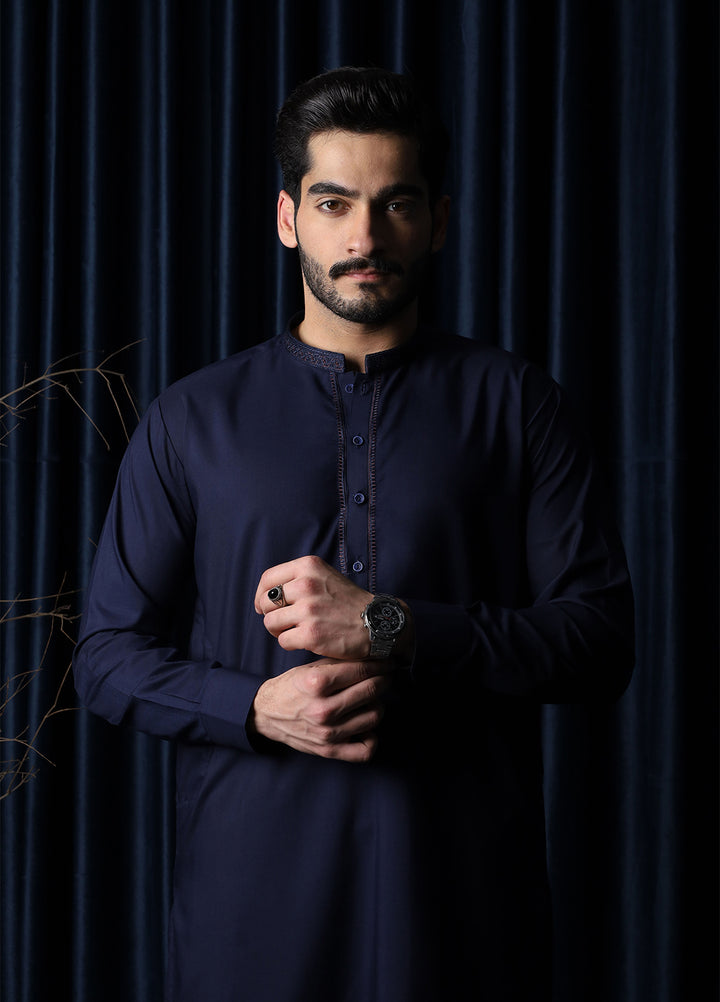 Mazham Mens Collar Neck RTW Embroidered Blended Kameez Shalwar Navy Blue - Summer Collection