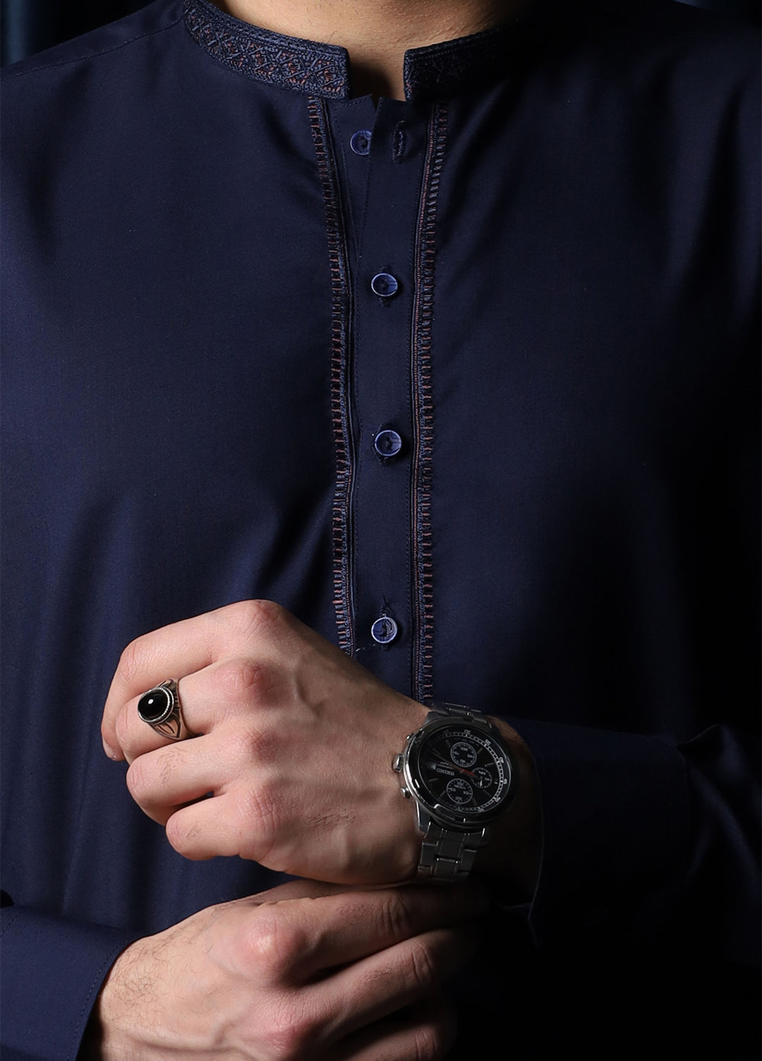 Mazham Mens Collar Neck RTW Embroidered Blended Kameez Shalwar Navy Blue - Summer Collection