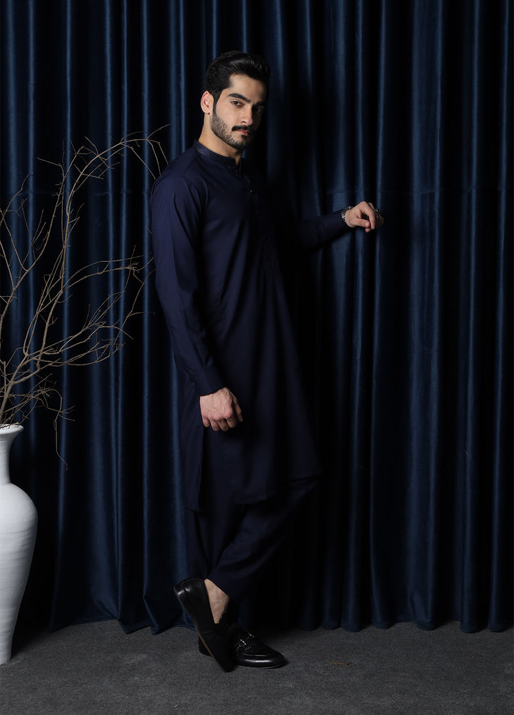 Mazham Mens Collar Neck RTW Embroidered Blended Kameez Shalwar Navy Blue - Summer Collection