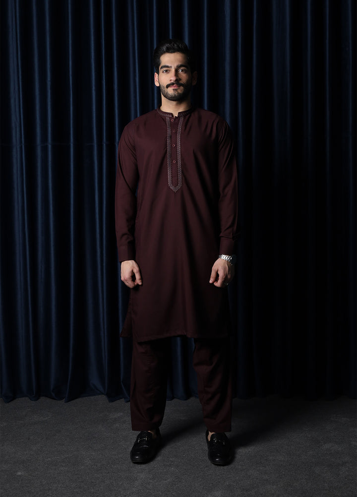 Mazham Mens Collar Neck RTW Embroidered Blended Kameez Shalwar Dark Marron - Summer Collection