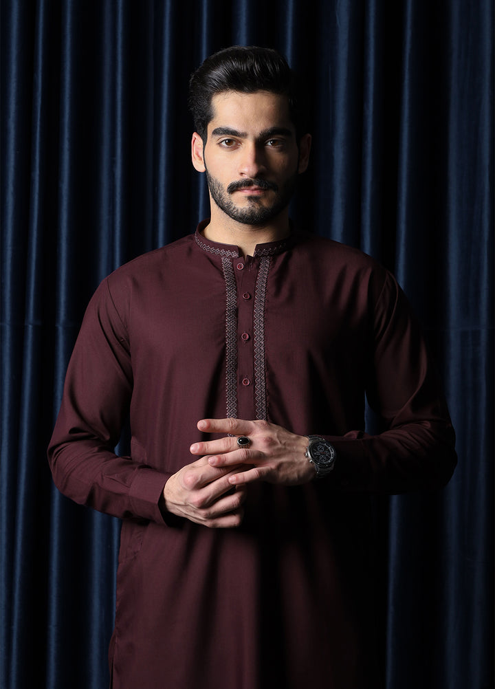 Mazham Mens Collar Neck RTW Embroidered Blended Kameez Shalwar Dark Marron - Summer Collection