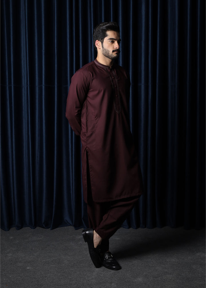 Mazham Mens Collar Neck RTW Embroidered Blended Kameez Shalwar Dark Marron - Summer Collection