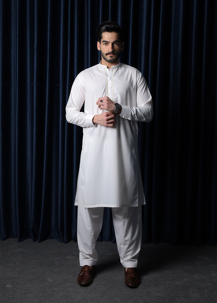 Mazham Mens Collar Neck RTW Embroidered Blended Kameez Shalwar Off White - Summer Collection