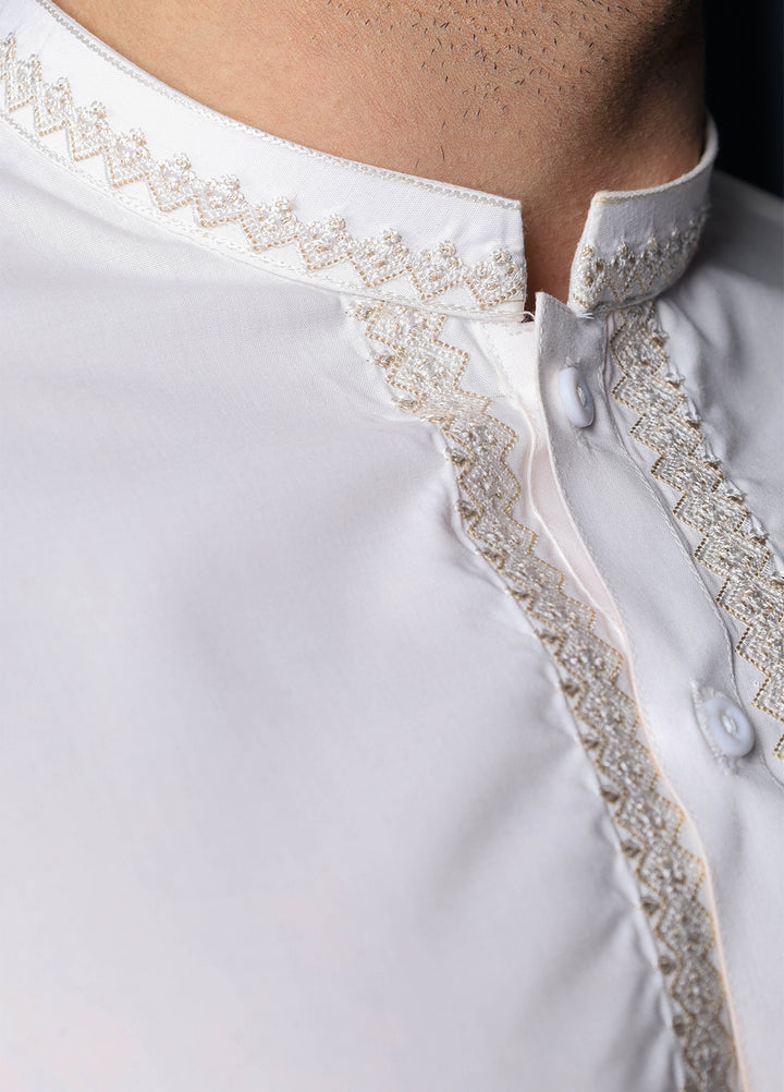 Mazham Mens Collar Neck RTW Embroidered Blended Kameez Shalwar Off White - Summer Collection