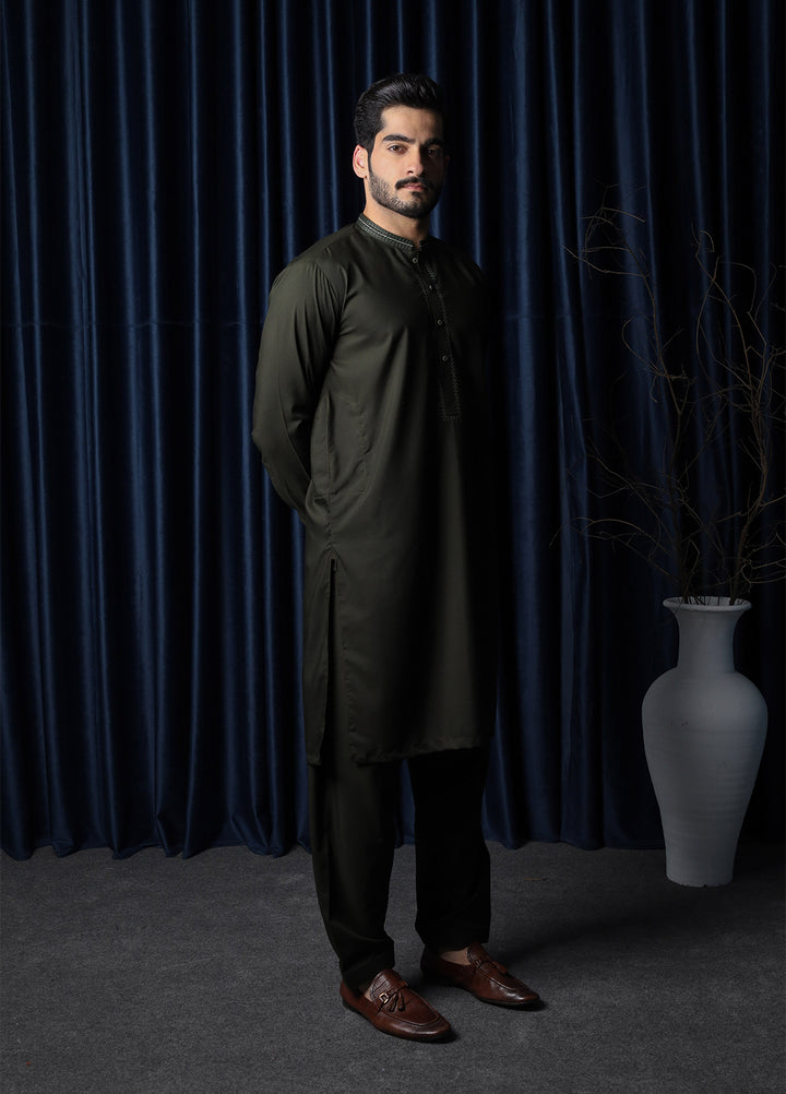 Mazham Mens Collar Neck RTW Embroidered Blended Kameez Shalwar Army Green - Summer Collection