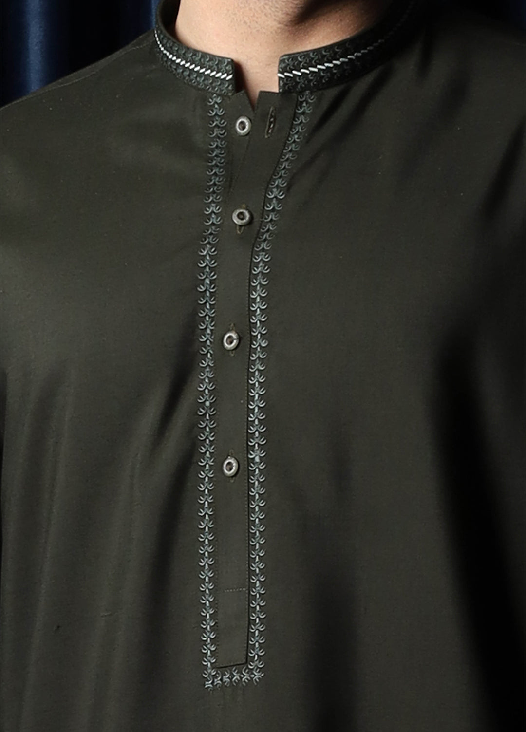 Mazham Mens Collar Neck RTW Embroidered Blended Kameez Shalwar Army Green - Summer Collection