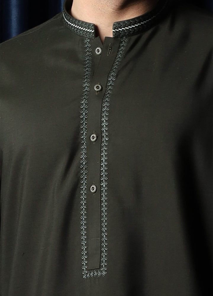 Mazham Mens Collar Neck RTW Embroidered Blended Kameez Shalwar Army Green - Summer Collection