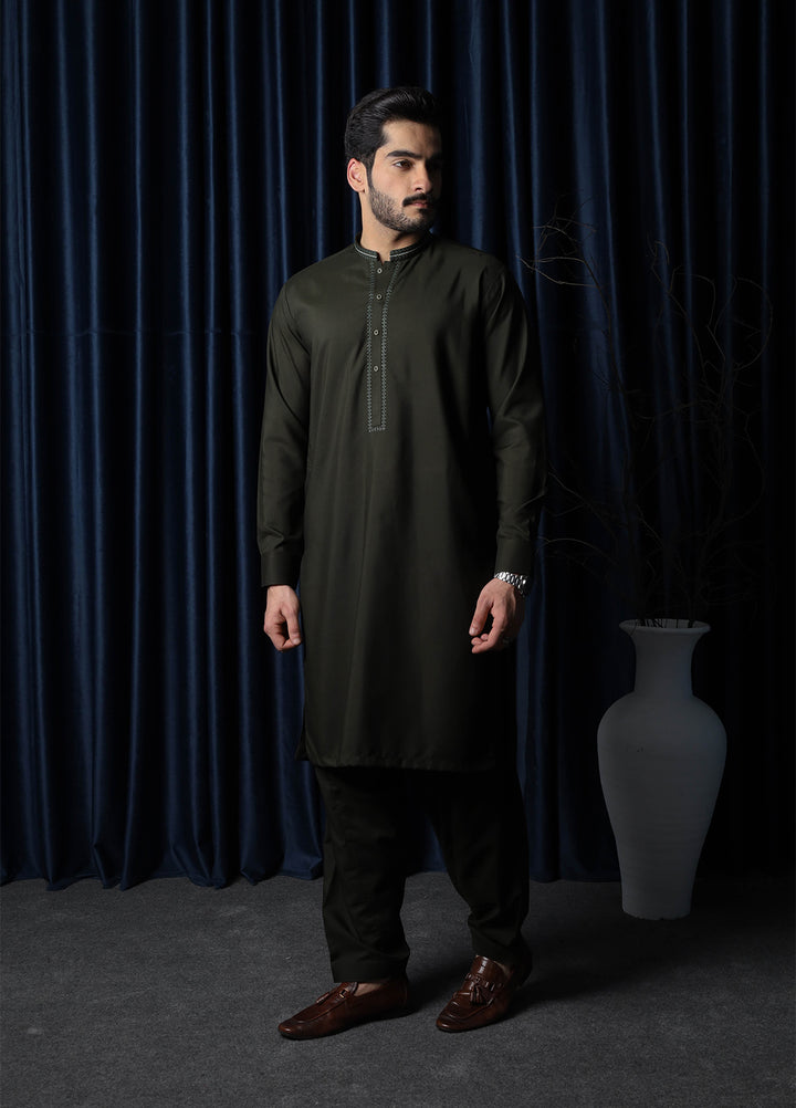 Mazham Mens Collar Neck RTW Embroidered Blended Kameez Shalwar Army Green - Summer Collection