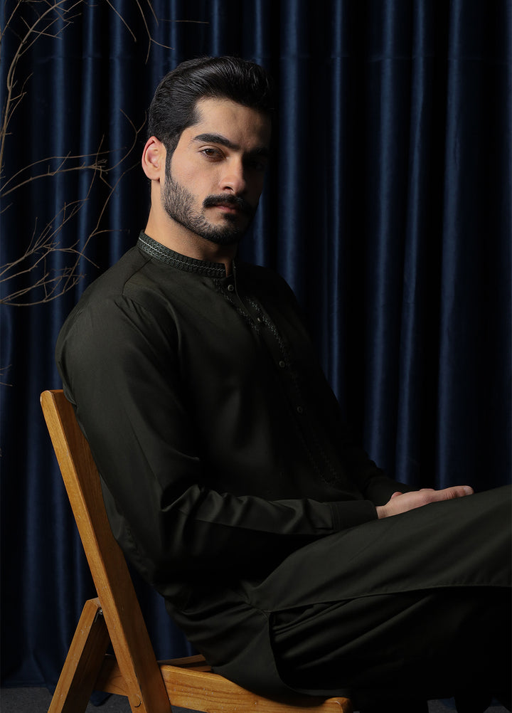 Mazham Mens Collar Neck RTW Embroidered Blended Kameez Shalwar Army Green - Summer Collection