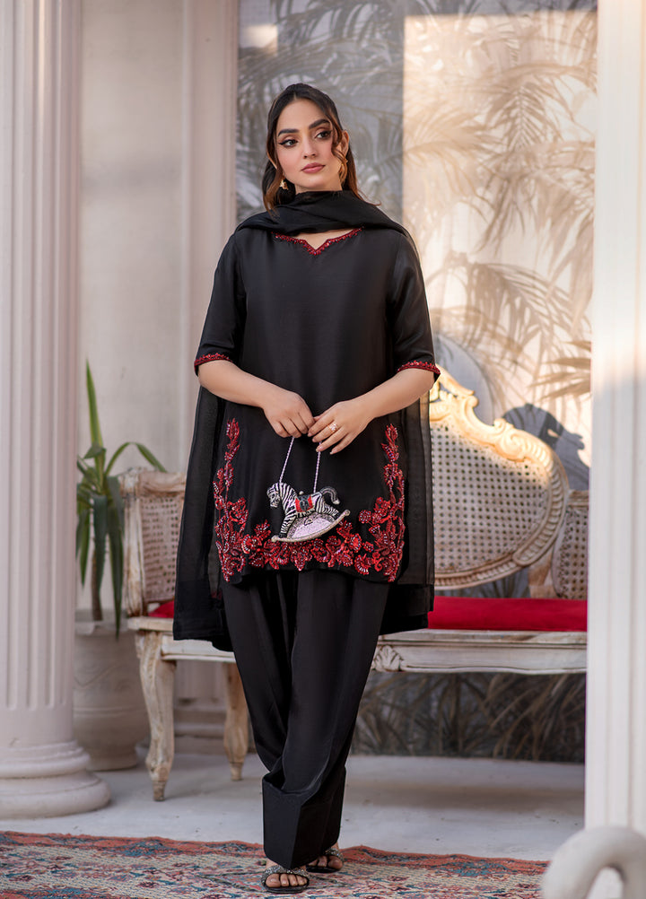 Lumi Luxury by Fajr Khan RTW Hand work Sheesha Silk 3 Piece Noir - Festive Collection