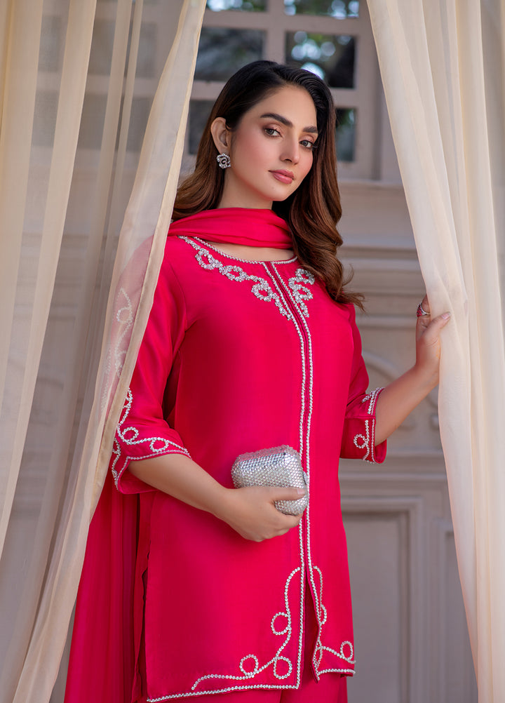 Lumi Luxury by Fajr Khan RTW Hand work Sheesha Silk 3 Piece Scarlet - Festive Collection